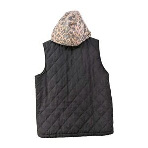 Crazy Train Black Quilted Leopard Print Hood Vest Size Medium Full Zip Pockets